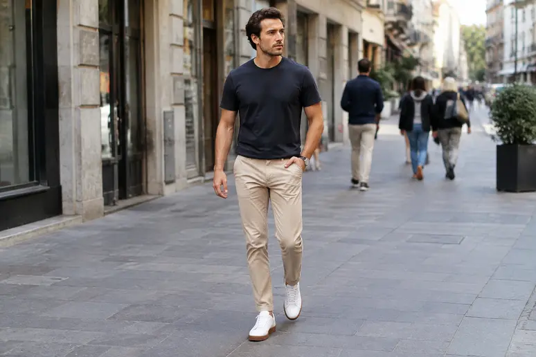 Homme marchant en ville portant un chino beige et un t-shirt pour une tenue casual chic