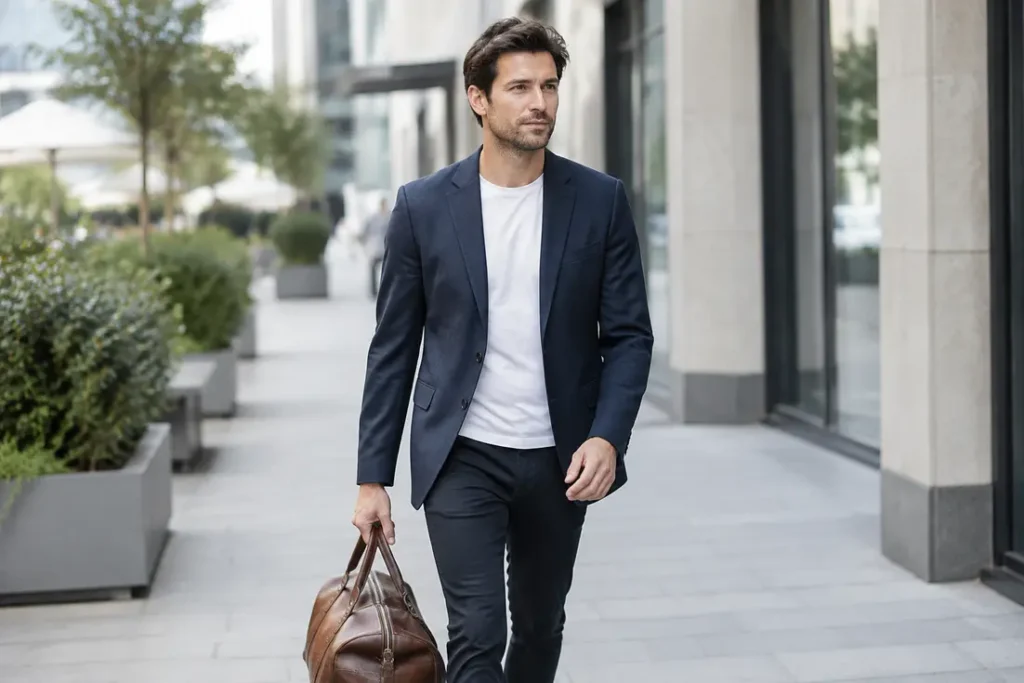 Homme élégant marchant dans la rue avec une tenue casual chic homme composée d'un blazer et d'un pantalon