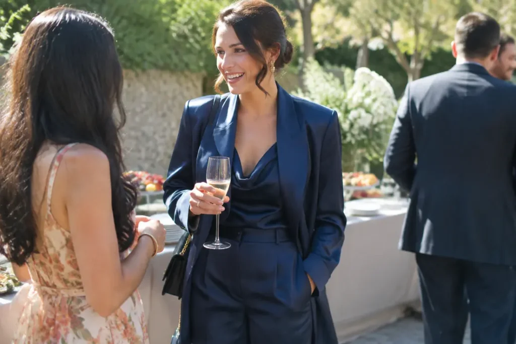 Une femme élégante porte une tenue invitée mariage pantalon en soie fluide lors d'une réception en extérieur.