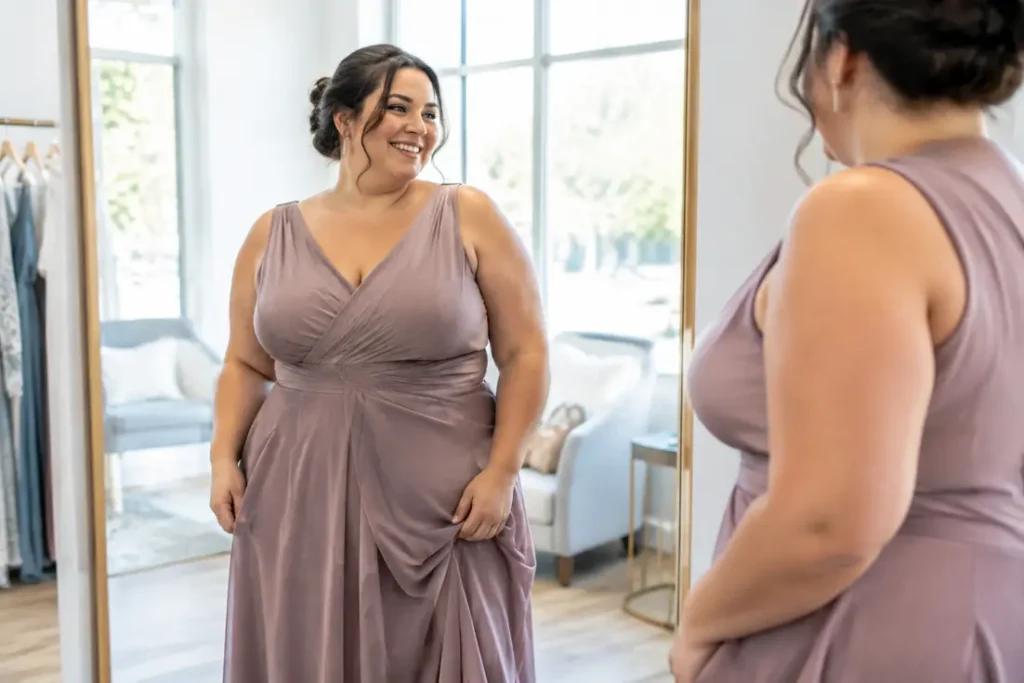 Une femme élégante essayant une tenue mariage femme grande taille dans une boutique lumineuse