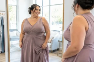 Une femme élégante essayant une tenue mariage femme grande taille dans une boutique lumineuse