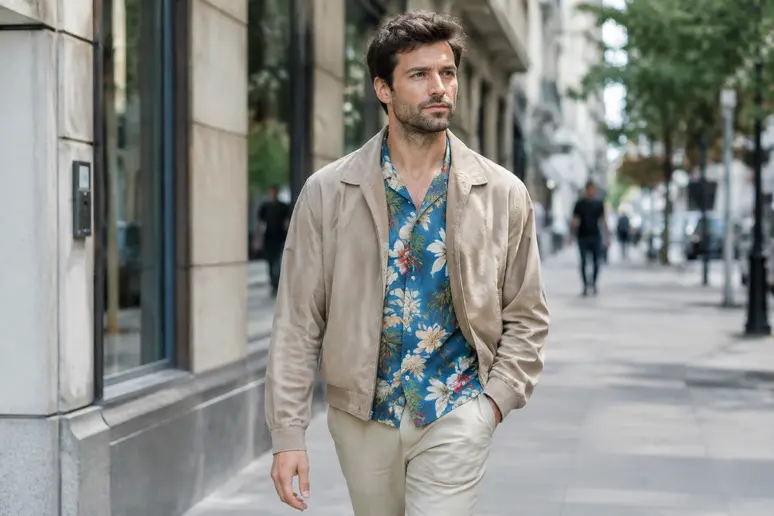 Un homme portant une tenue vintage homme avec une chemise imprimée et des vêtements neutres.