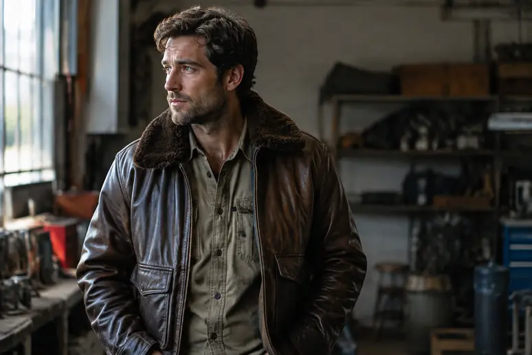 Un homme habillé d'une tenue vintage homme associant un blouson aviateur et une base workwear.