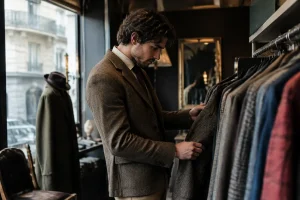 Un homme élégant compose une tenue vintage homme sophistiquée avec une veste en tweed dans une boutique rétro.
