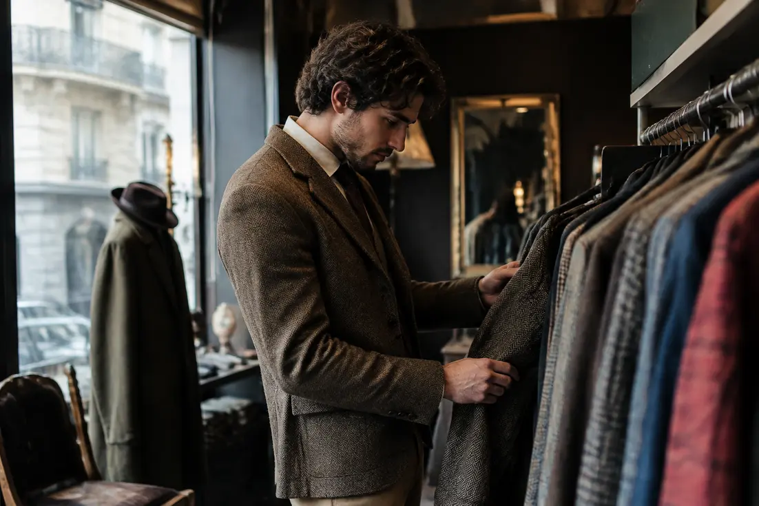 Un homme élégant compose une tenue vintage homme sophistiquée avec une veste en tweed dans une boutique rétro.
