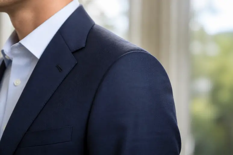 Ajustement précis de la couture d'épaule d'une veste femme habillée portée en intérieur.