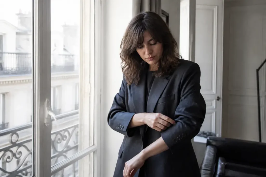 Une femme élégante ajuste sa veste femme habillée près d'une fenêtre lumineuse dans un intérieur moderne.