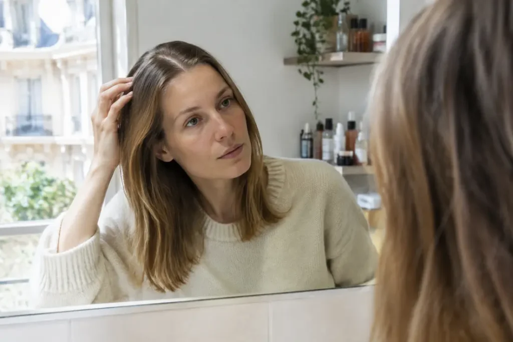 Personne dans sa salle de bain testant des astuces pour donner du volume cheveux fins au quotidien